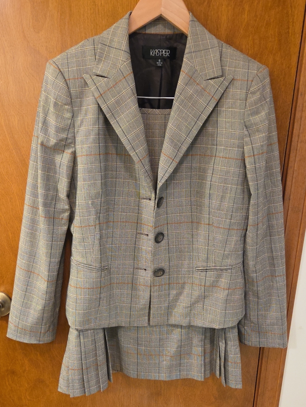 Kasper Plaid Blazer and Pleated Skirt Set in Gray with Brown Windowpane